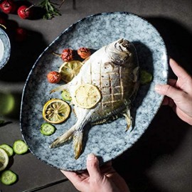 XIUYU Kreative keramischen Große Platte 14-Zoll-Oval Fischplatte Obstsalat Flacher Schal Haushalt Marbling Geschirr (Farbe: 6911900000) (Color : 6911900000)